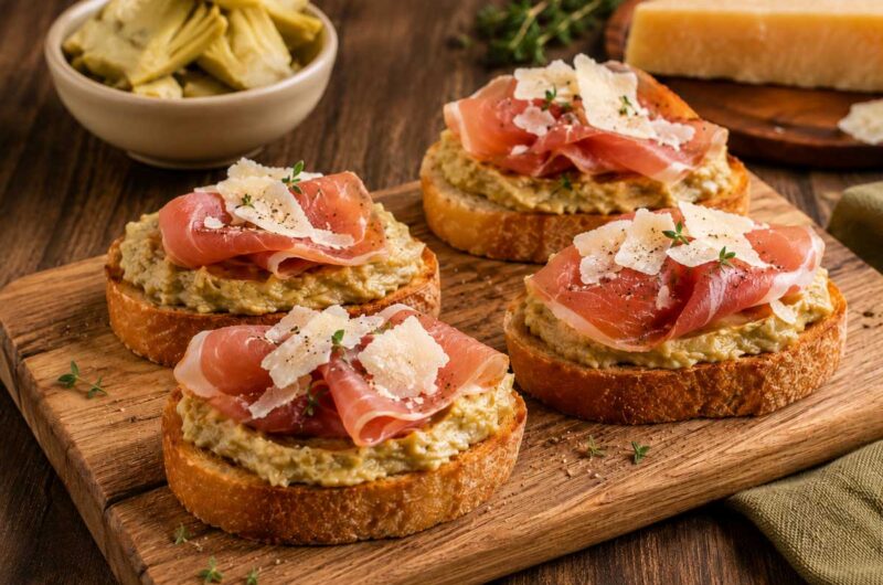 Gourmet Crostini with Artichoke Spread, Prosciutto & Parmesan