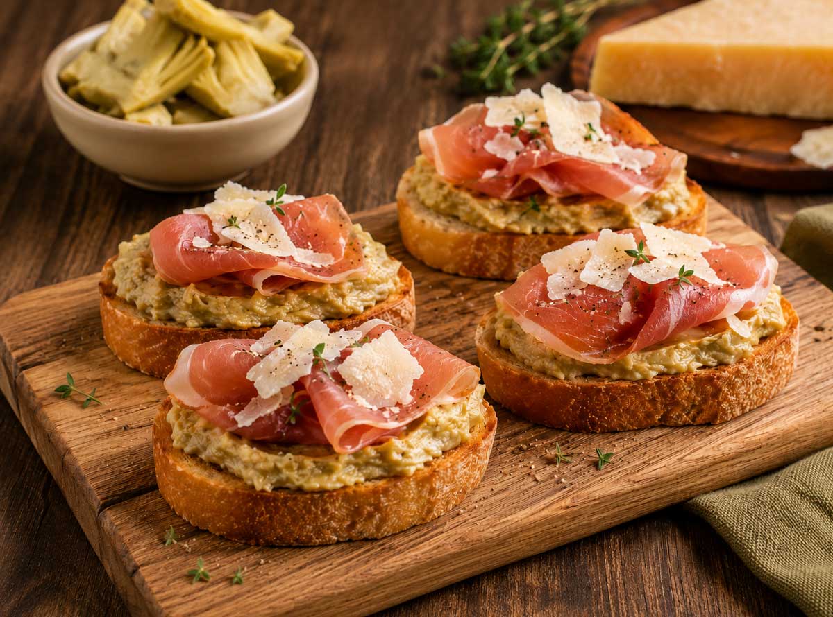 Gourmet Crostini with Artichoke Spread, Prosciutto & Parmesan