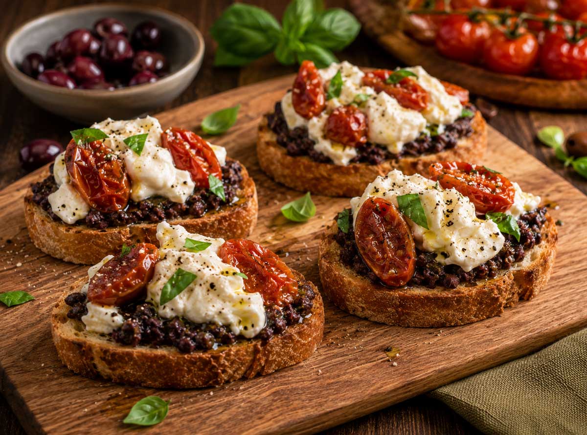 Mediterranean Crostini with Black Olive Tapenade, Burrata & Confit Tomatoes